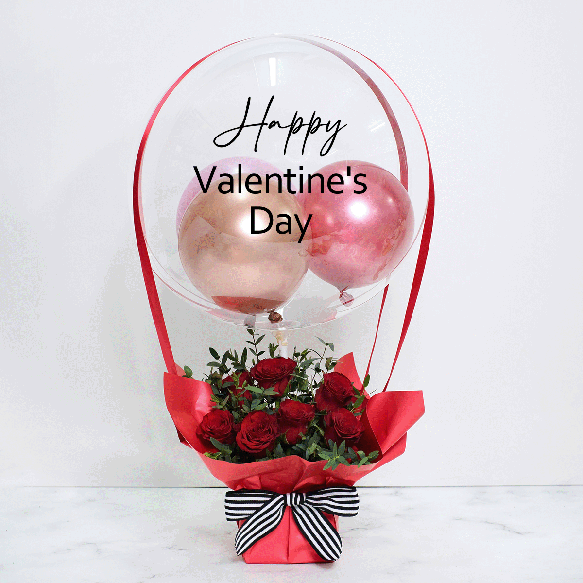 'Happy Valentine's Day' Blooming Roses in Flower Box with Balloon