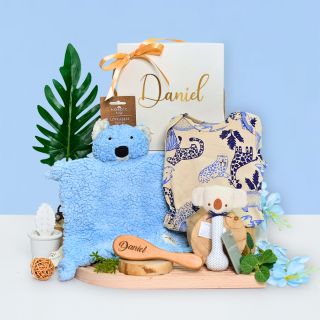 Gift Box for baby boy with romper, rattle and bear comforter