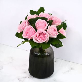 Pink Roses with Vase For Valentine's Day