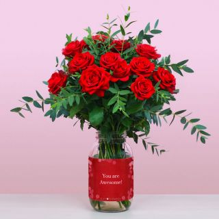Personalisation Flower Jar with Mini Red Roses For Valentine's Day