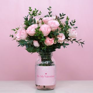 ‘Be My Valentine' Flower Jar with Mini Pink Roses For Valentine's Day