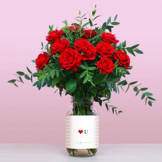 Love You Flower Jar with Mini Red Roses For Valentine's Day