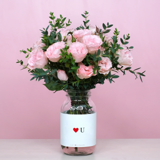 Love You Flower Jar with Mini Pink Roses For Valentine's Day