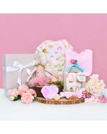 Gift set for baby girl featuring unicorn soft toy, unicorn rattle, romper, bib and mittens