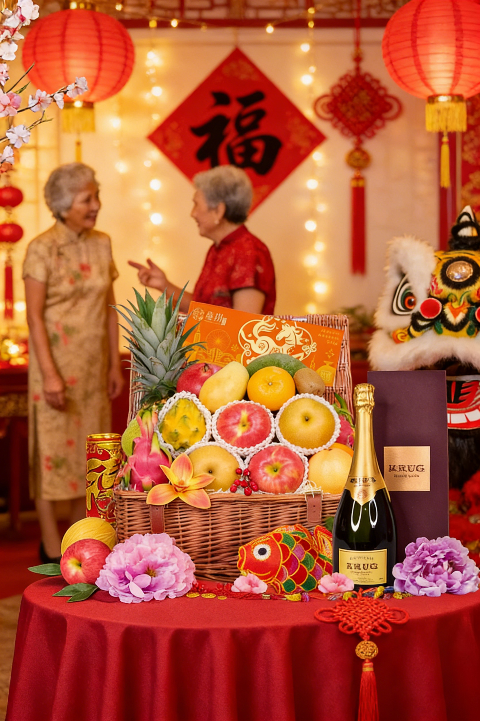 Lunar New Year Hampers-Chinese New Year Gold Blossom Fruit Hamper with Wine or Champagne